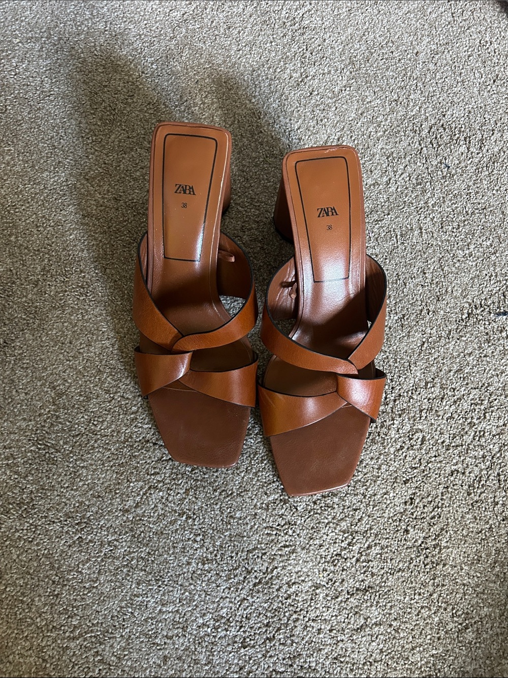 Zara Brown Knotted Leather Block Heel Sandals